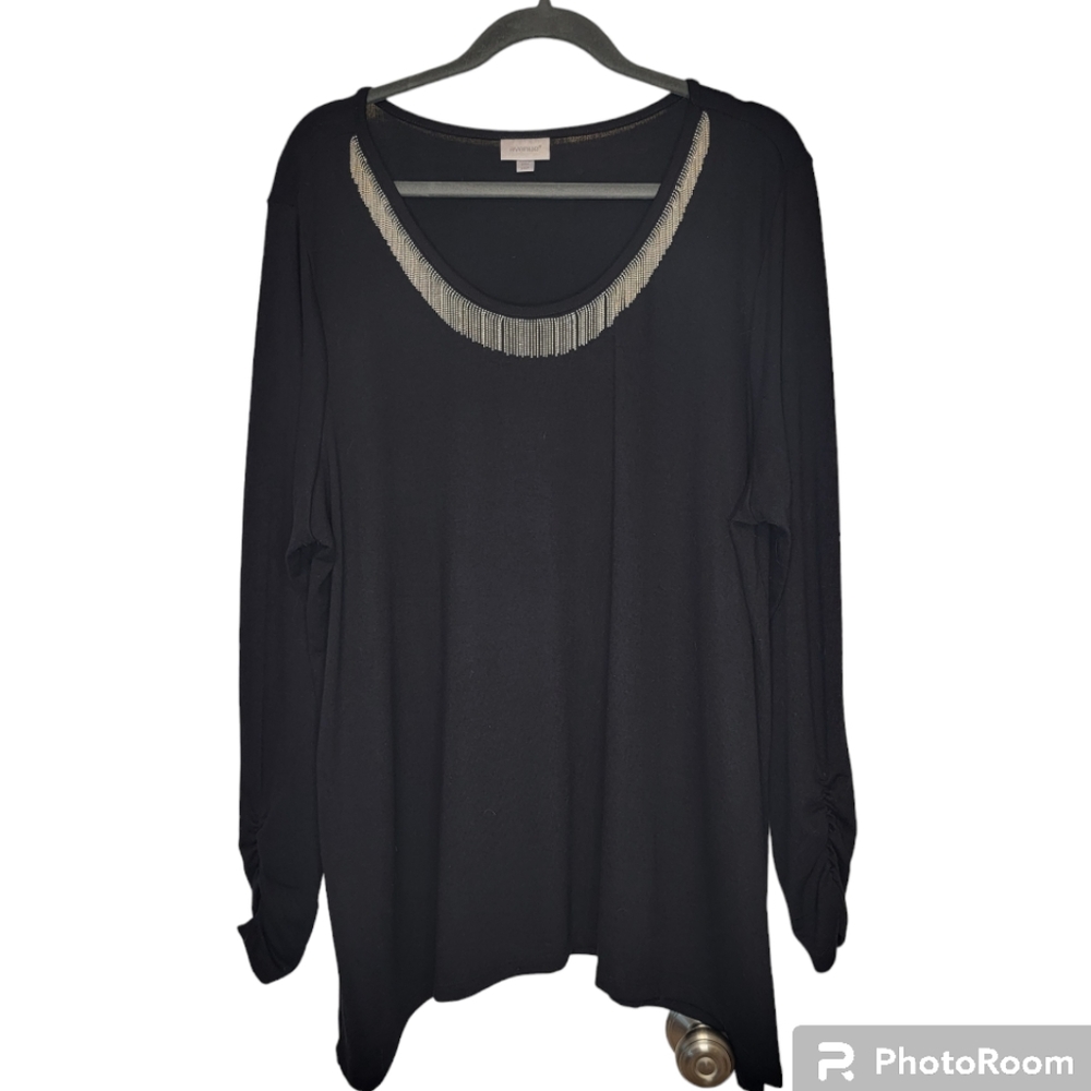 Avenue Women's Plus  Black Knit Sweater Rushed Sleeves Silver Bead Trim - 22/24